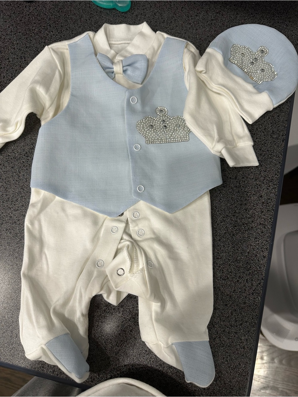 Baby Newborn Blue and Ivory/White Crown Footed One-Piece with Hat (baptism)